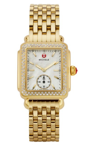 Shop Michele Deco Mid Diamond Watch Head & Bracelet, 29mm In Gold/ Mop
