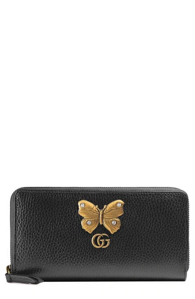 Shop Gucci Farfalla Zip Around Leather Wallet In Nero/ Crystal