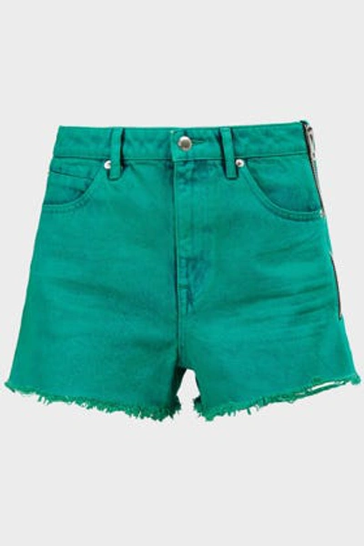 Shop Alexander Wang T Bite Side Zip Frayed Denim Shorts In Green