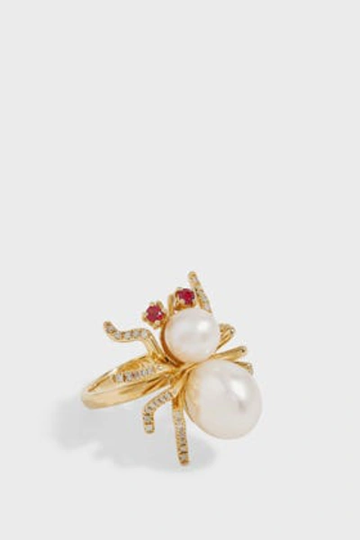 Shop Yvonne Léon Diamond, Ruby And Pearl 18k Yellow Gold Bug Ring In Y Gold