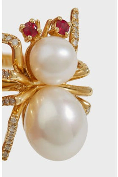 Shop Yvonne Léon Diamond, Ruby And Pearl 18k Yellow Gold Bug Ring In Y Gold