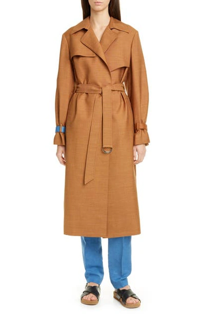 Shop Partow Meadow Wool Blend Trench Coat In Tobacco/sky
