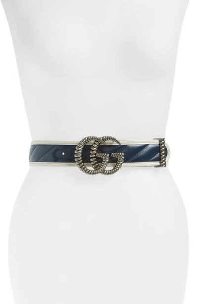 Shop Gucci Torchon Double G Leather Belt In Blue Agata/ Mystic White