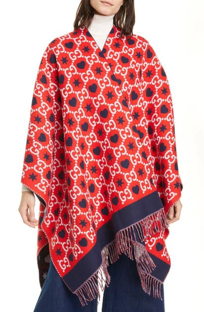 Shop Gucci Reversible Gg Wool Poncho In Red/ Blue