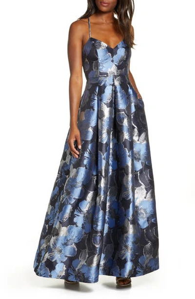 Shop Eliza J Jacquard Ballgown In Navy Multi