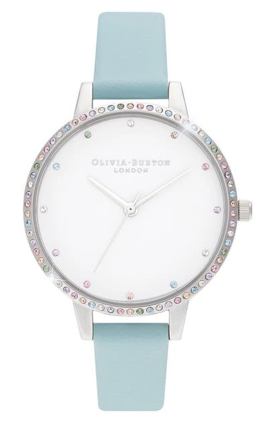 Shop Olivia Burton Rainbow Bezel Leather Strap Watch, 34mm In Turq/wht Stone/silver