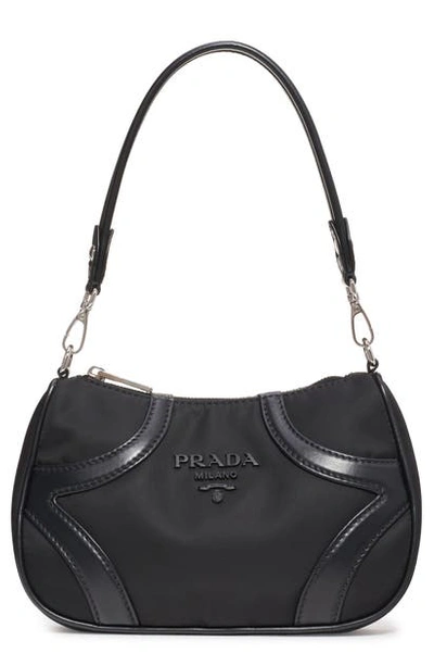 Shop Prada Nylon & Leather Baguette Bag In Nero