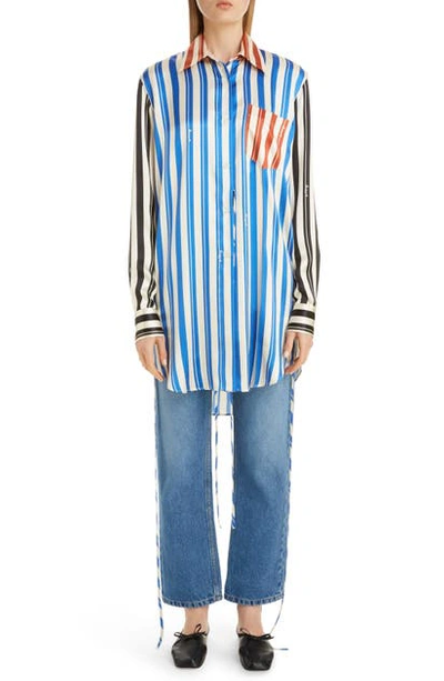 Shop Loewe Stripe Silk Tunic Shirt In Blue/ Red/ White
