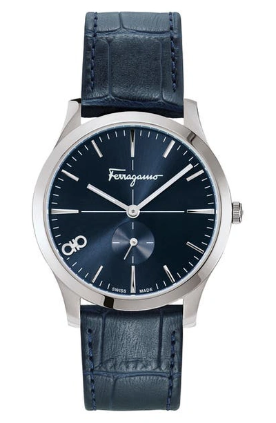 Shop Ferragamo Slim Leather Strap Watch, 40mm In Blue/ Silver