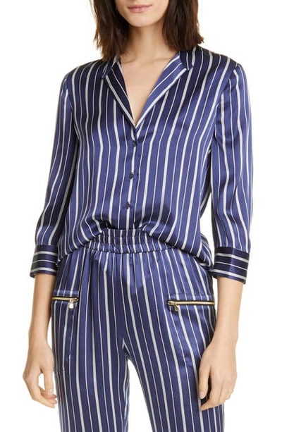 Shop L Agence Aoki Stripe Silk Shirt In Navy/ Ivory Pinstripe