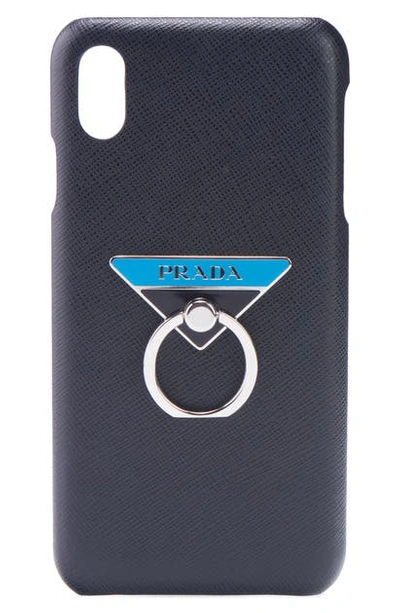 Shop Prada Logo Ring Saffiano Leather Iphone X Case In Nero