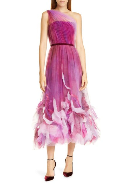 Shop Marchesa Notte One-shoulder Tulle Cocktail Dress In Berry