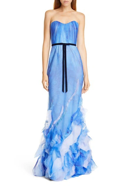 Shop Marchesa Notte Strapless Tulle Mermaid Gown In Blue