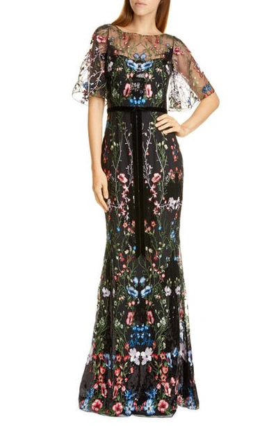 Shop Marchesa Notte Floral Tulle Overlay Trumpet Gown In Black