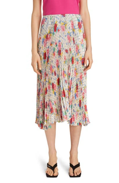 Shop Balenciaga Floral Dot Pleated Midi Skirt In Cream/ Red