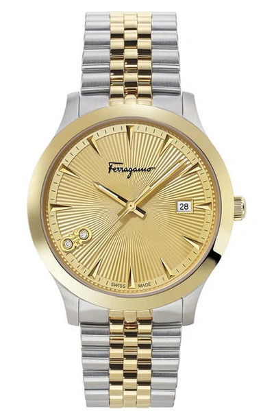 Shop Ferragamo Duo Diamond Bracelet Watch, 40mm In Champagne Guilloche/ Gold