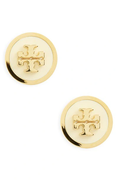 Shop Tory Burch Logo Stud Earrings In New Ivory / Tory Gold