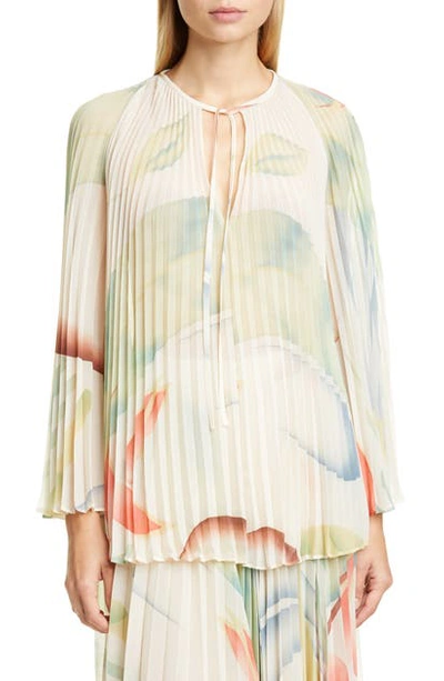 Shop Etro Watercolor Leaf Print Pleated Blouse In White
