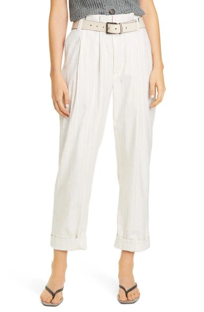 Shop Brunello Cucinelli Pleated Pinstripe Stretch Cotton & Linen Ankle Pants In Beige Black