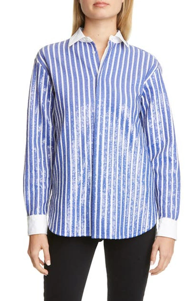 Shop Polo Ralph Lauren Sequin Stripe Long Sleeve Blouse In Blue/ White