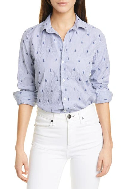 Shop Frank & Eileen Barry Stripe Signature Crinkle Cotton Shirt In Navy Stripe W/ Sail Boats