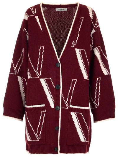 Shop Valentino All Over Logo Knitted Cardigan In Red