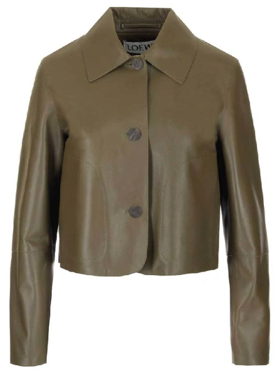 Shop Loewe Buttoned Leather Jacket In Green