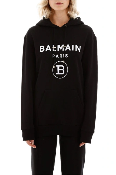 Shop Balmain Logo Printed Hoodie In Black