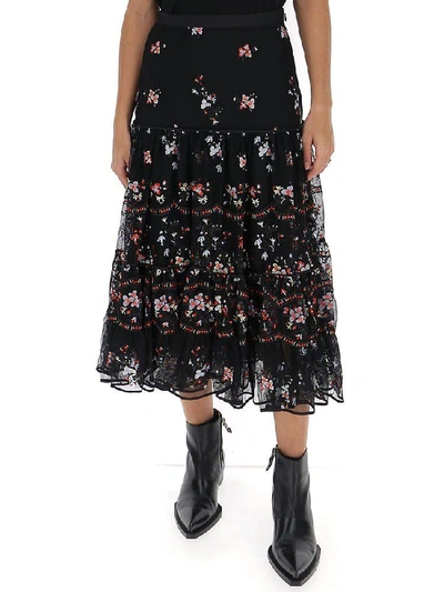 Shop Tory Burch Floral Embroidered Ruffle Skirt In Black
