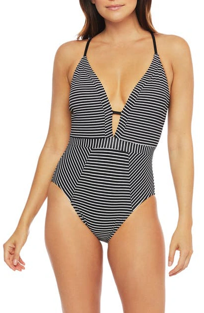 Shop La Blanca Stripe Plunge One-piece Swimsuit In Black/ White