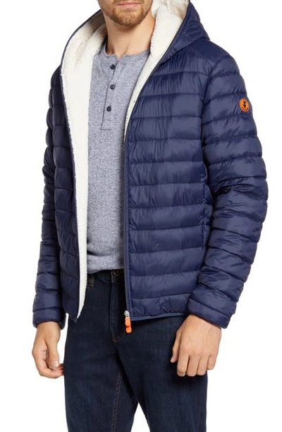 Shop Save The Duck Water Resistant Faux Shearling Lined Puffer Jacket In Evening Blue