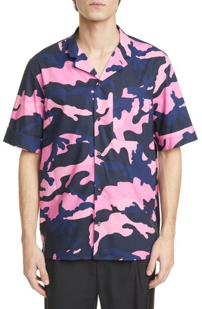 Shop Valentino Camo Short Sleeve Button-up Camp Shirt In Pink/ Navy