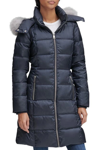 Shop Andrew Marc Renata Genuine Fox Fur Trim Down & Feather Fill Puffer Jacket In Navy