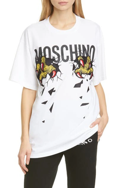 Shop Moschino Claws Logo Cotton Graphic Tee In 1001 White