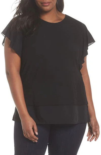 Shop Vince Camuto Ruffle Sleeve Mix Media Top In Rich Black