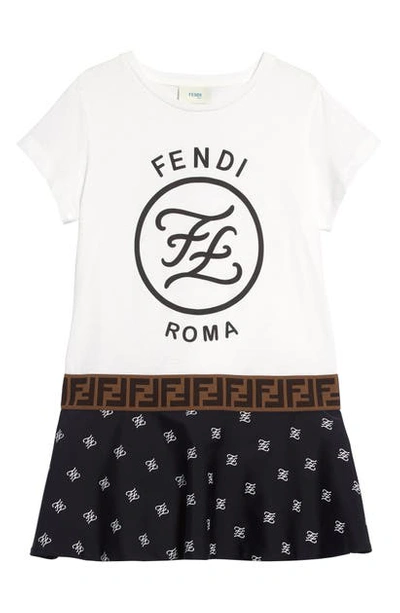 Shop Fendi Drop Waist Logo Dress In White/ Black