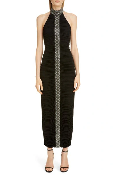 Shop Balmain Embellished Stripe Halter Gown In Noir