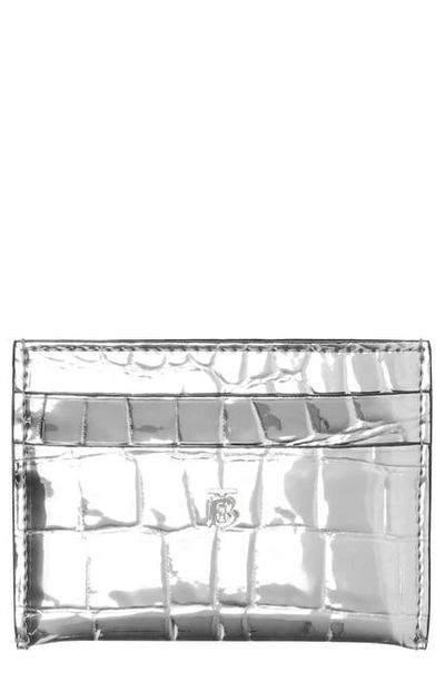 Shop Burberry Sandon Metallic Croc Embossed Faux Leather Card Holder In Silver