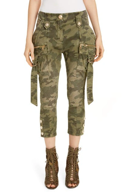 Shop Balmain Camouflage Crop Cargo Jeans In Kaki