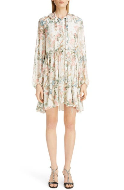 Shop Chloé Floral Print Long Sleeve Metallic Fil Coupe Minidress In Multicolor White 1