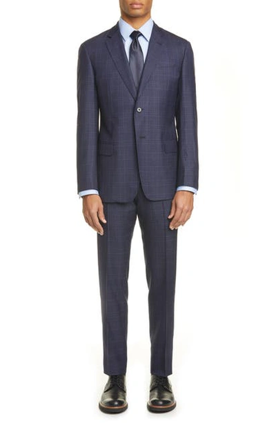 Shop Emporio Armani G Line Trim Fit Plaid Wool Blend Suit In Navy