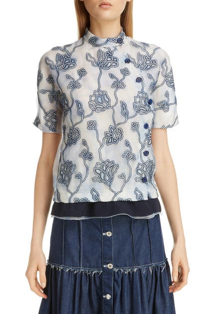 Shop Chloé Floral Embroidered Silk Blouse In Grey - Blue 1