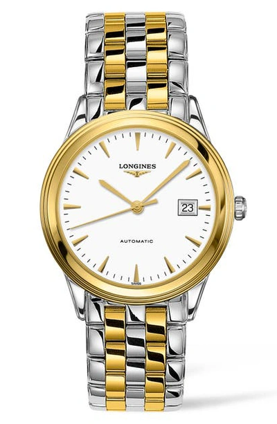 Shop Longines Flagship Automatic Bracelet Watch, 38mm In Silver/ White/ Gold