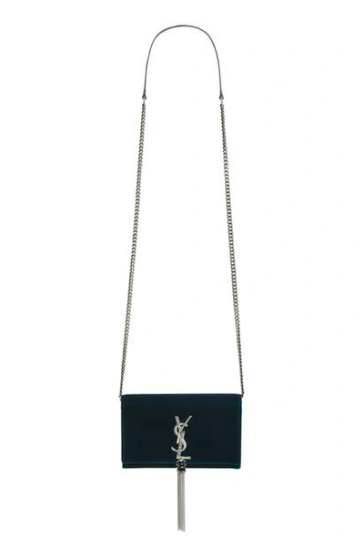 Shop Saint Laurent Small Kate Crystal Logo Wallet On A Chain In Dark Deep Sea/ Cristal