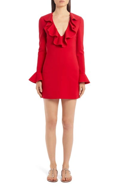 Shop Valentino Ruffle Trim Long Sleeve Stretch Wool Minidress In Rosso