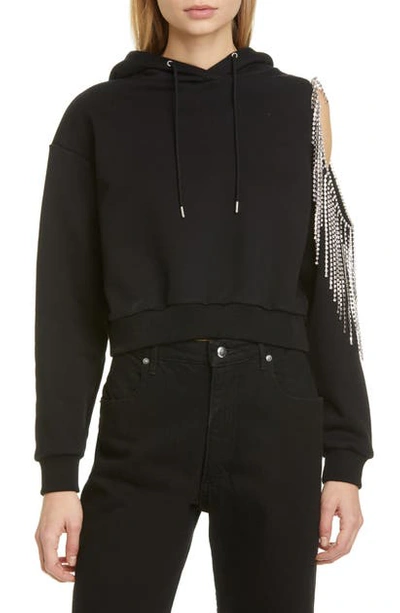 Shop Area Crystal Fringe French Terry Crop Hoodie In Black