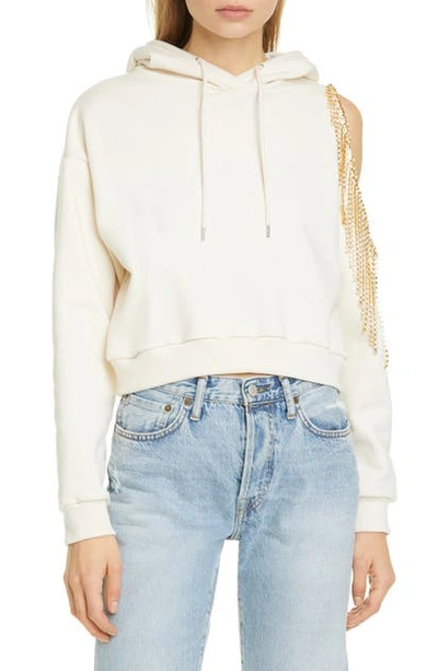 Shop Area Crystal Fringe French Terry Crop Hoodie In Ivory