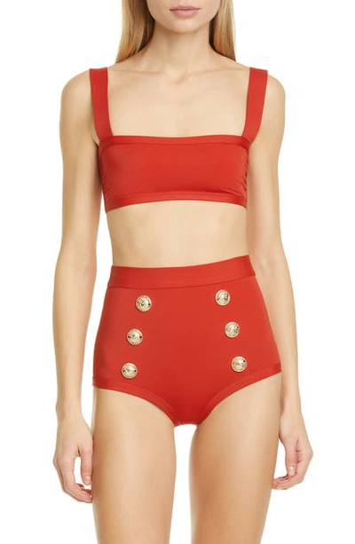 Shop Balmain Button Detail Two-piece Swimsuit In Ruggine