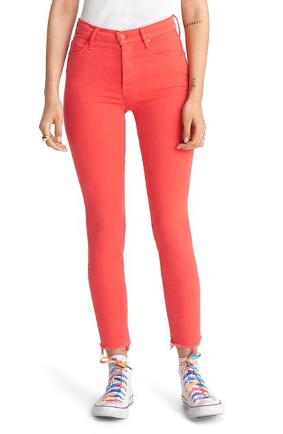 Shop Mother The Stunner High Waist Frayed Ankle Skinny Jeans In Tomato