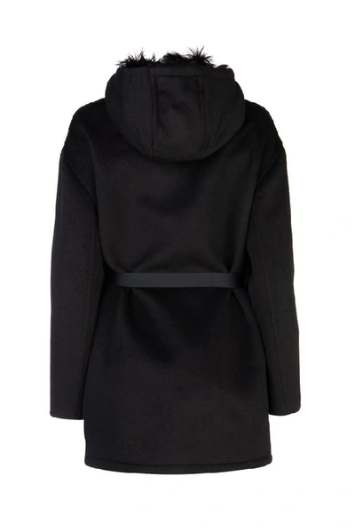 Shop Prada Belted Hooded Coat In Black